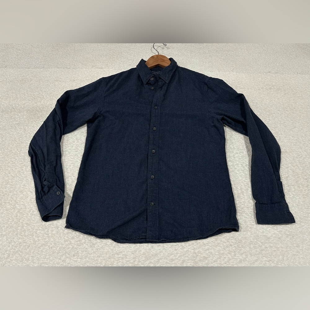 AllSaints Millard Long Sleeve Shirt Navy Blue 100% Cotton Men’s Size Small